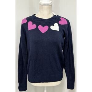 New LOFT Navy Blue Pink White Heart Trim Crewneck Sweater Size XS Cotton Blend